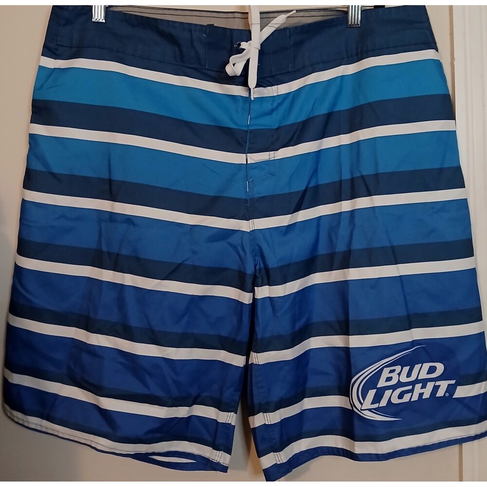 Bud Light Beer Board Shorts Mens 38 Blue Striped Swim Trunks Licensed